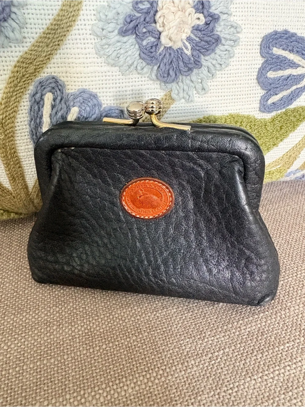Dooney & Bourke Black Leather Kiss-Lock Coin Purse with Brown Logo Patch